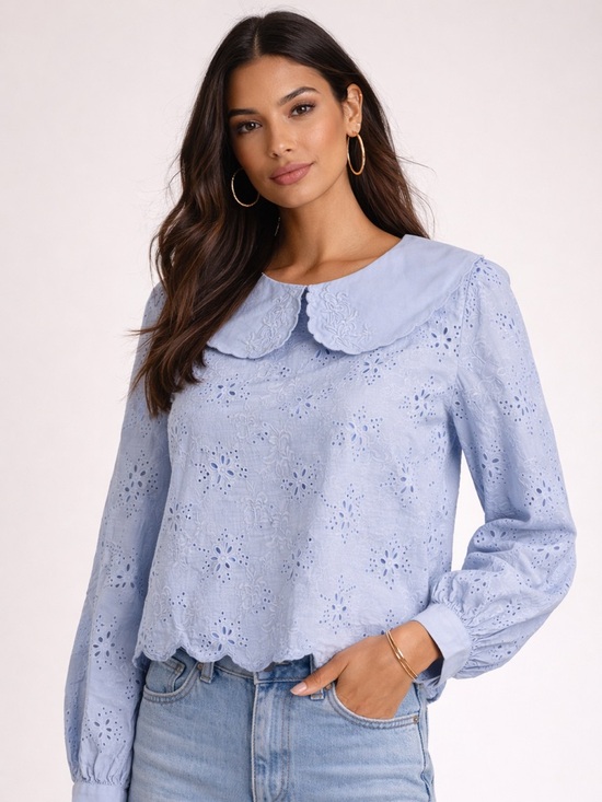 Tops - Blue Eyelet Cotton Blouse Peter Pan Collar Cottage Core Medium